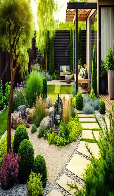 modern-garden-landscaped-with-lawn-plants-pots-cozy-backyard_124507-114457